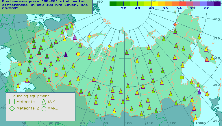 Root-mean-square 'OB-FG' wind vector differences in 850-100 hPa layer