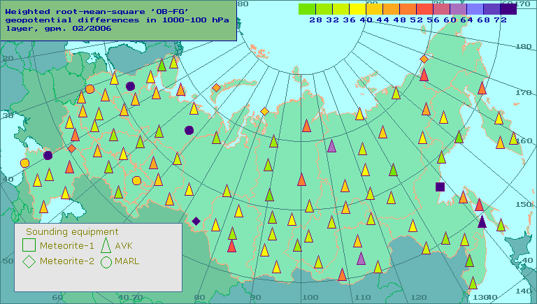 Weighted root-mean-square 'OB-FG' geopotential differences in 1000-100 hPa layer, gpm