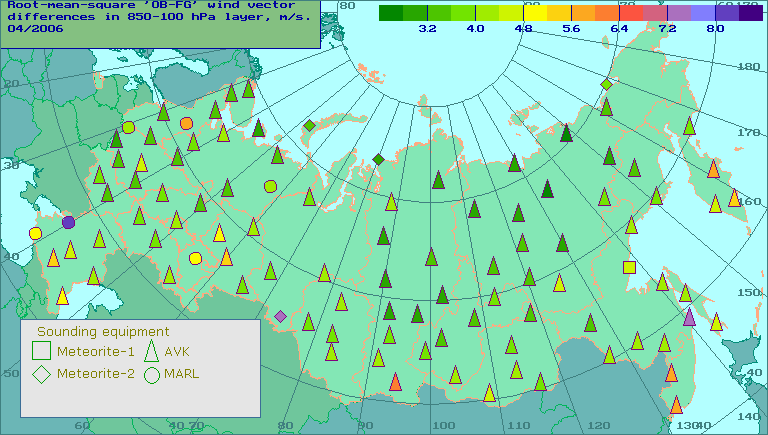 Root-mean-square 'OB-FG' wind vector differences in 850-100 hPa layer