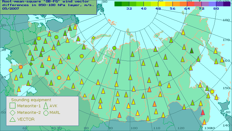 Root-mean-square 'OB-FG' wind vector differences in 850-100 hPa layer