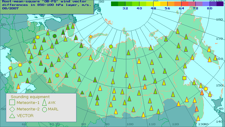 Root-mean-square 'OB-FG' wind vector differences in 850-100 hPa layer