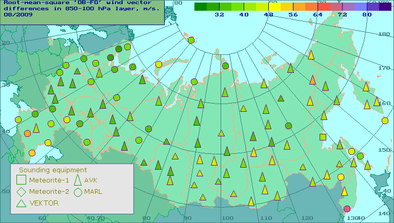 Root-mean-square 'OB-FG' wind vector differences in 850-100 hPa layer