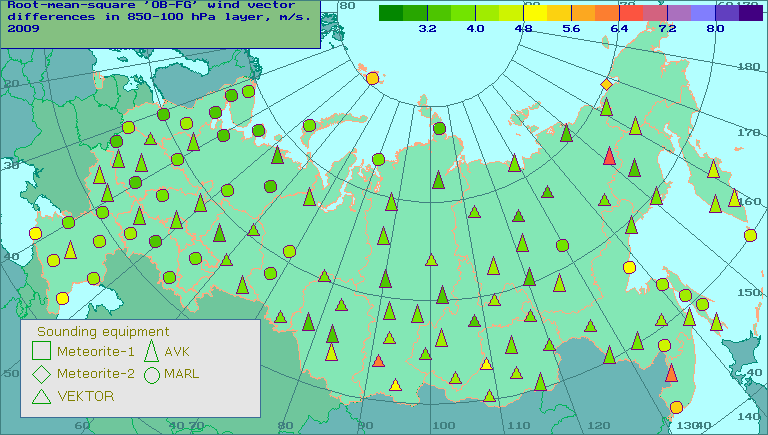 Root-mean-square 'OB-FG' wind vector differences in 850-100 hPa layer