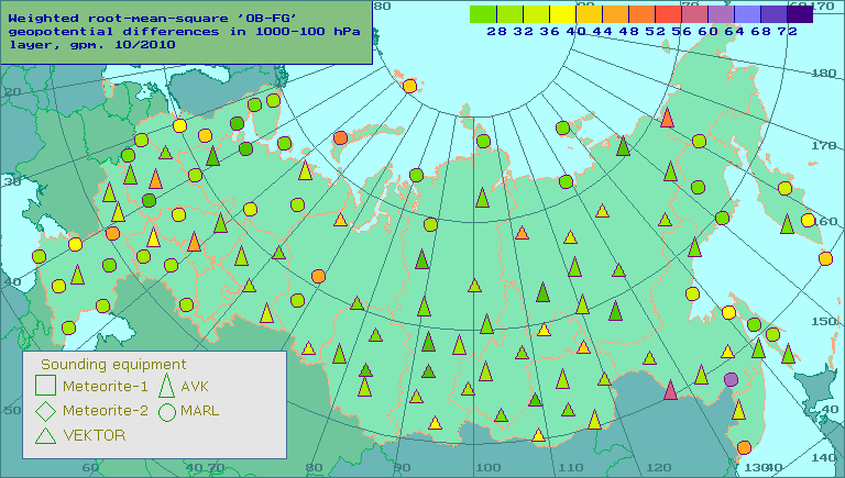 Weighted root-mean-square 'OB-FG' geopotential differences in 1000-100 hPa layer, gpm