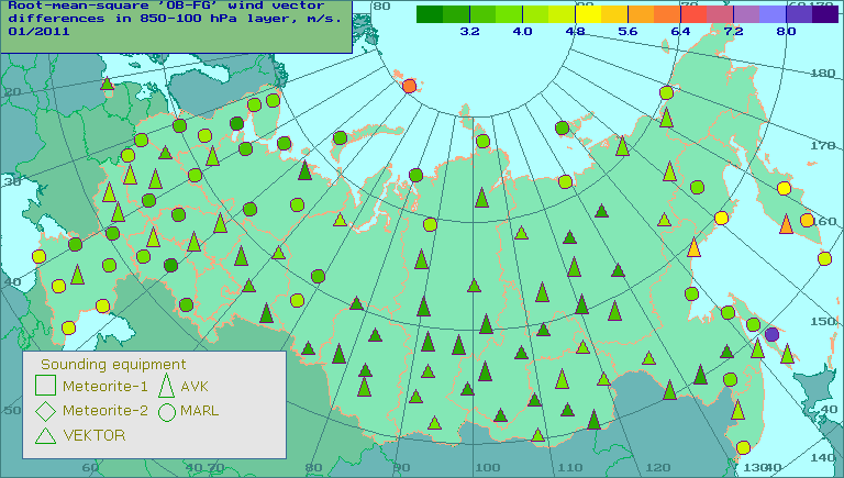 Root-mean-square 'OB-FG' wind vector differences in 850-100 hPa layer