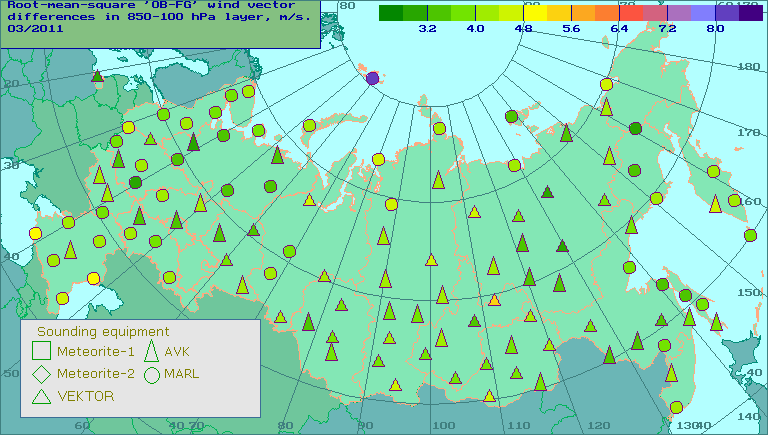 Root-mean-square 'OB-FG' wind vector differences in 850-100 hPa layer