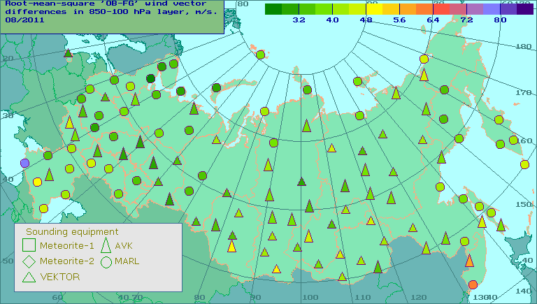 Root-mean-square 'OB-FG' wind vector differences in 850-100 hPa layer