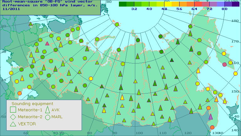 Root-mean-square 'OB-FG' wind vector differences in 850-100 hPa layer