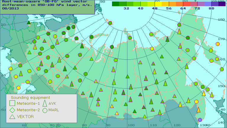 Root-mean-square 'OB-FG' wind vector differences in 850-100 hPa layer