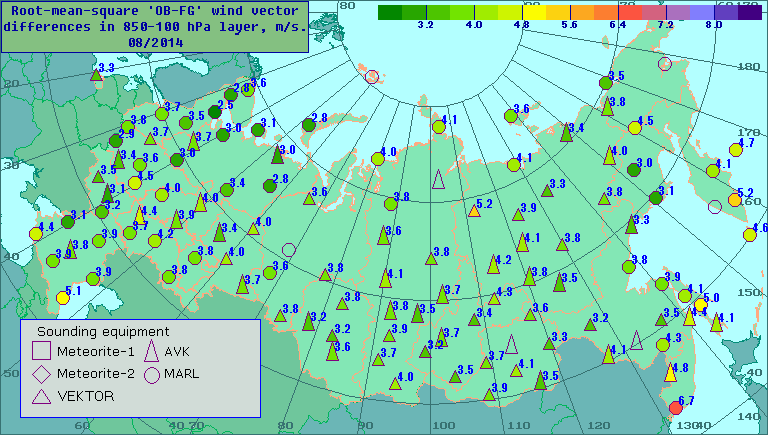 Root-mean-square 'OB-FG' wind vector differences in 850-100 hPa layer