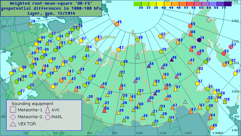 Weighted root-mean-square 'OB-FG' geopotential differences in 1000-100 hPa layer, gpm