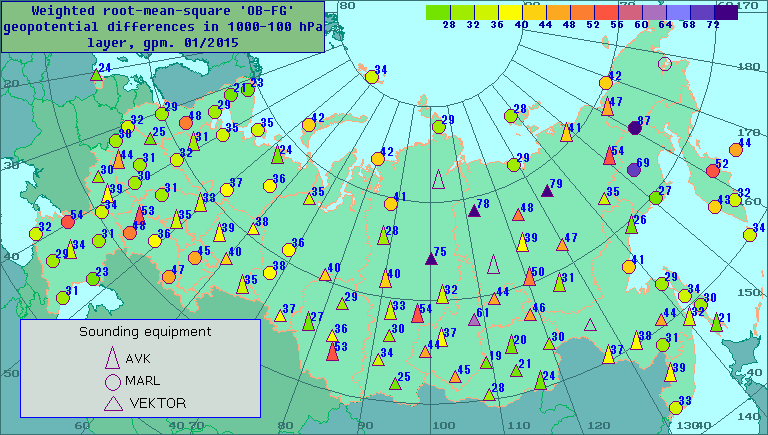 Weighted root-mean-square 'OB-FG' geopotential differences in 1000-100 hPa layer, gpm