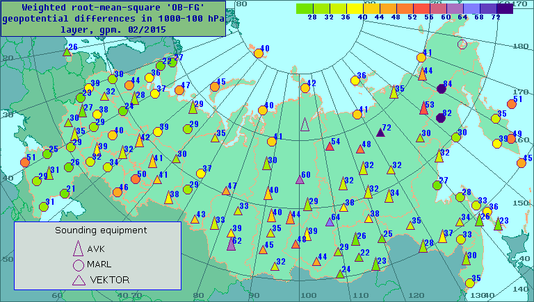 Weighted root-mean-square 'OB-FG' geopotential differences in 1000-100 hPa layer, gpm