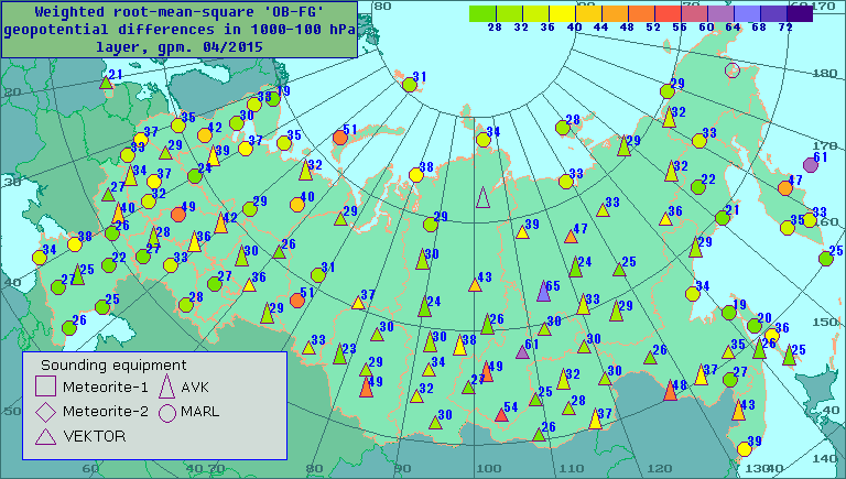 Weighted root-mean-square 'OB-FG' geopotential differences in 1000-100 hPa layer, gpm