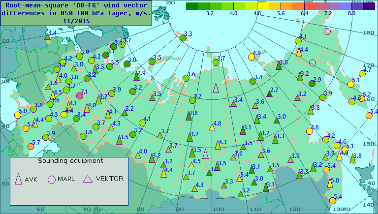 Root-mean-square 'OB-FG' wind vector differences in 850-100 hPa layer