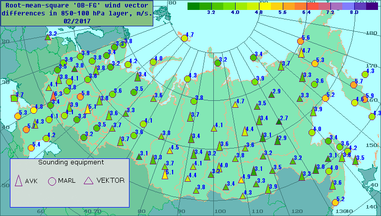 Root-mean-square 'OB-FG' wind vector differences in 850-100 hPa layer