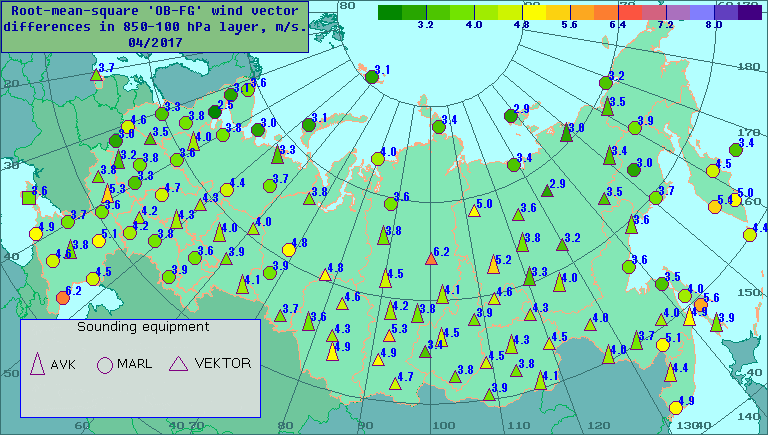 Root-mean-square 'OB-FG' wind vector differences in 850-100 hPa layer