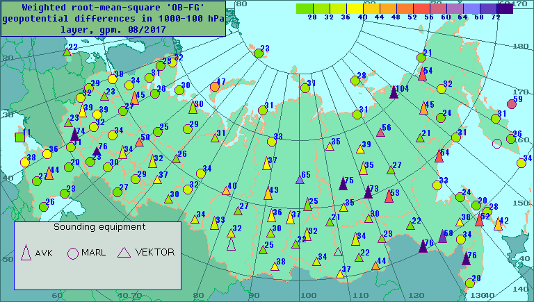 Weighted root-mean-square 'OB-FG' geopotential differences in 1000-100 hPa layer, gpm