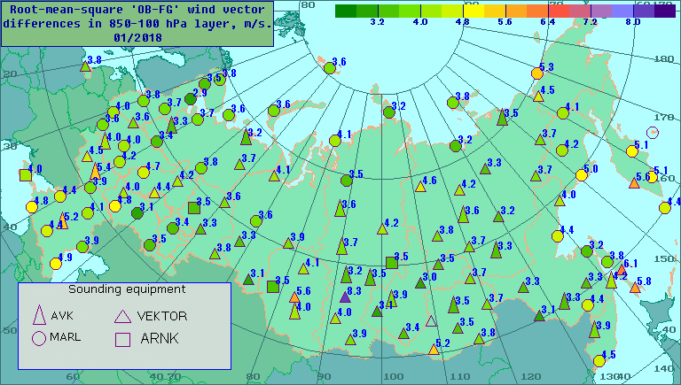 Root-mean-square 'OB-FG' wind vector differences in 850-100 hPa layer