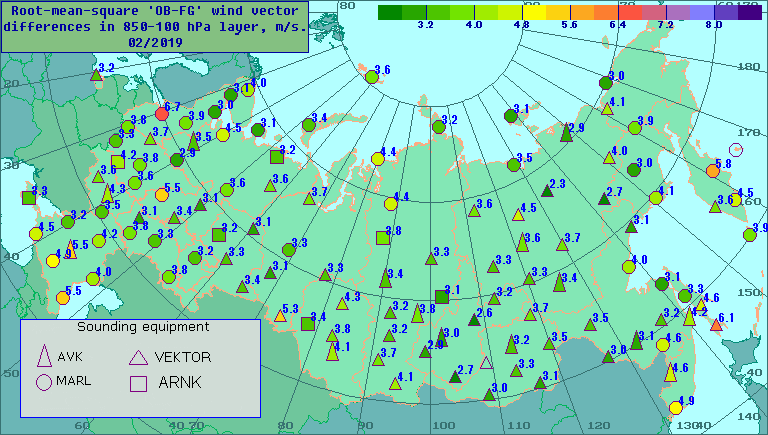 Root-mean-square 'OB-FG' wind vector differences in 850-100 hPa layer