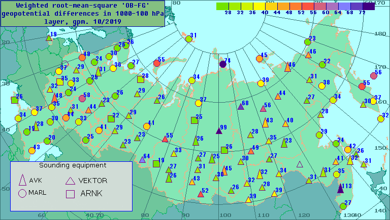 Weighted root-mean-square 'OB-FG' geopotential differences in 1000-100 hPa layer, gpm