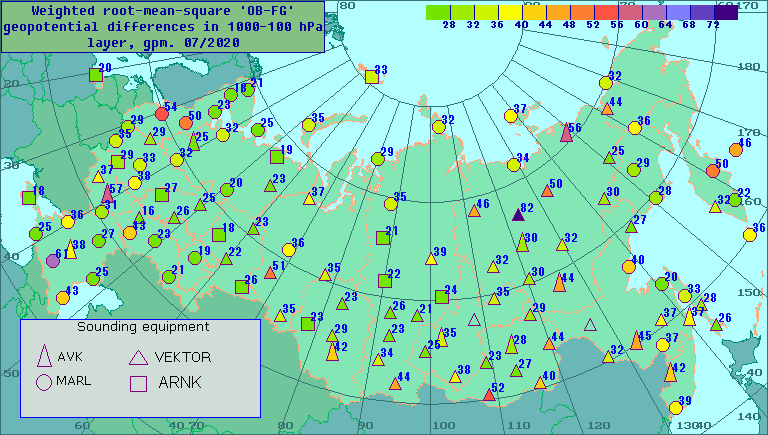 Weighted root-mean-square 'OB-FG' geopotential differences in 1000-100 hPa layer, gpm