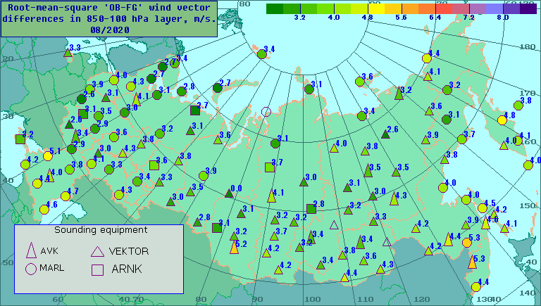 Root-mean-square 'OB-FG' wind vector differences in 850-100 hPa layer