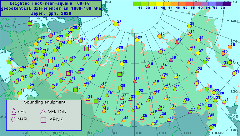 Weighted root-mean-square 'OB-FG' geopotential differences in 1000-100 hPa layer, gpm