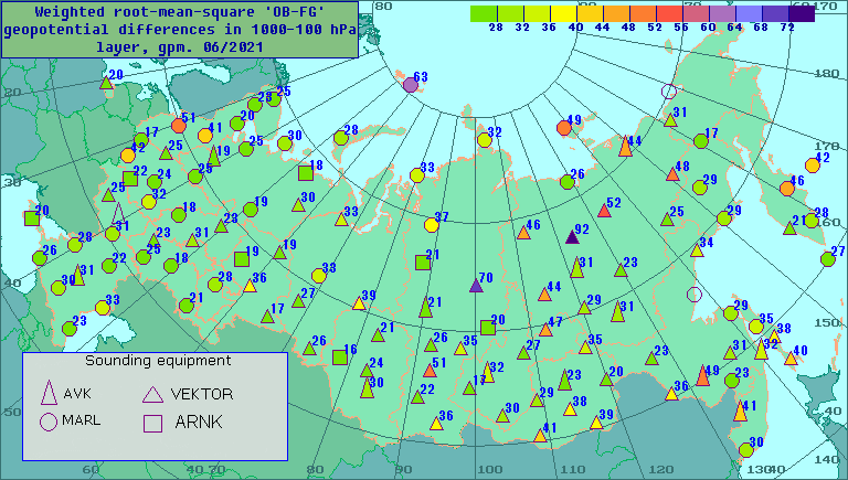 Weighted root-mean-square 'OB-FG' geopotential differences in 1000-100 hPa layer, gpm