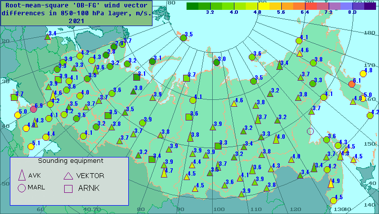 Root-mean-square 'OB-FG' wind vector differences in 850-100 hPa layer