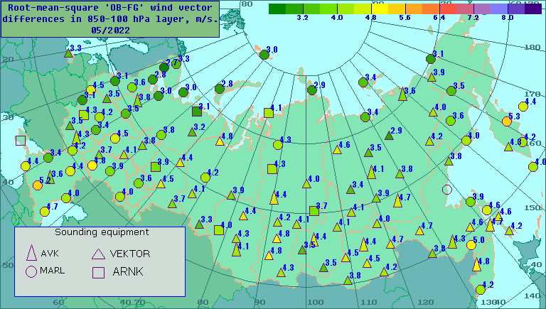 Root-mean-square 'OB-FG' wind vector differences in 850-100 hPa layer