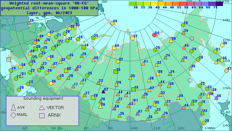 Weighted root-mean-square 'OB-FG' geopotential differences in 1000-100 hPa layer, gpm