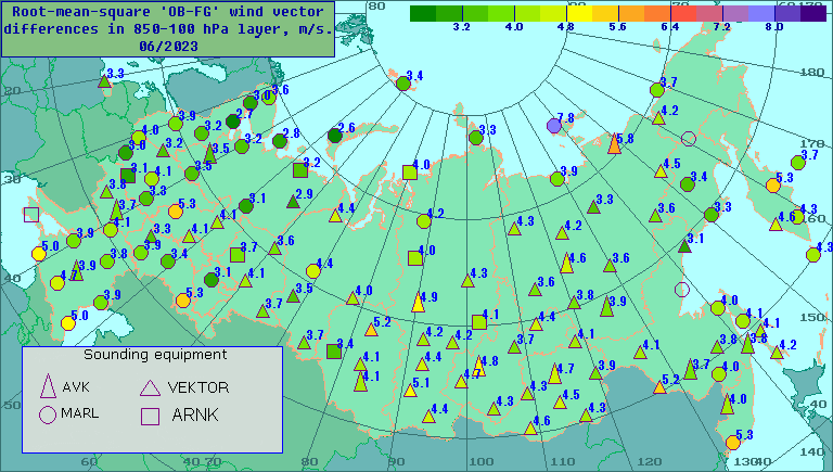 Root-mean-square 'OB-FG' wind vector differences in 850-100 hPa layer