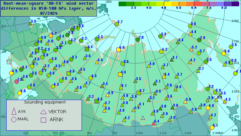 Root-mean-square 'OB-FG' wind vector differences in 850-100 hPa layer