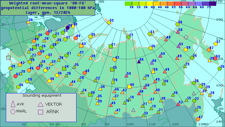 Weighted root-mean-square 'OB-FG' geopotential differences in 1000-100 hPa layer, gpm