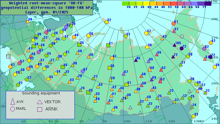 Weighted root-mean-square 'OB-FG' geopotential differences in 1000-100 hPa layer, gpm