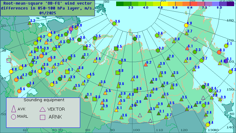 Root-mean-square 'OB-FG' wind vector differences in 850-100 hPa layer