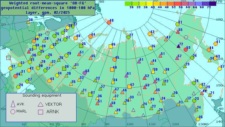 Weighted root-mean-square 'OB-FG' geopotential differences in 1000-100 hPa layer, gpm